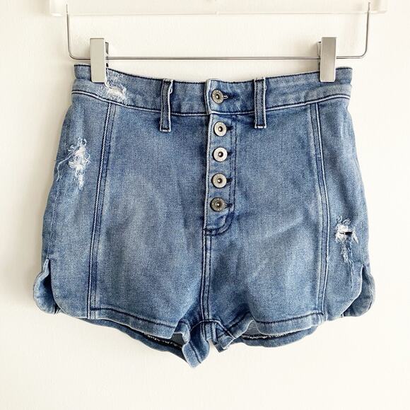Carmar Pants - Carmar 28 High Waisted Jean Shorts Exposed Button Fly Blue Denim Distressed